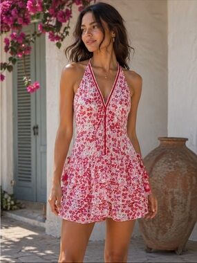 NWT POUPETTE ST BARTH BETY MINI DRESS VISCOSE PINK DAFFODIL FLORAL RUFFLE TASSLE